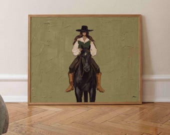 Cowgirl Print Horizontal, Rustic Horse Riding Painting, Retro Book Wall Art, Vintage Reading Decor