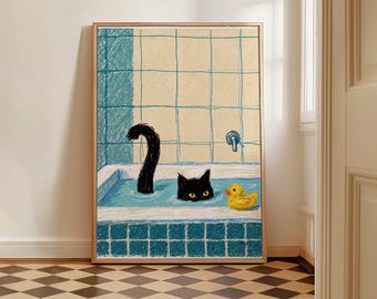 Cat In A Bathtub Print, Bathroom Painting, Bath Time Decor, Retro Restroom Poster