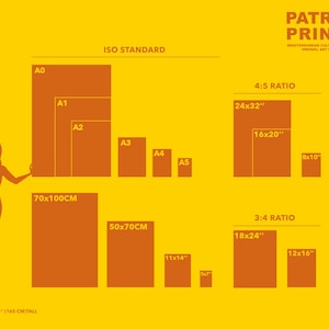 May include: A chart showing different print sizes for art prints. The chart includes standard ISO sizes like A0, A1, A2, A3, A4, and A5, as well as 4:5 and 3:4 ratios. The sizes are shown in inches and centimeters.