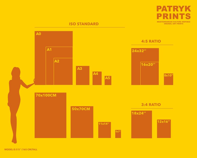 May include: A chart showing different print sizes for art prints. The chart includes standard ISO sizes like A0, A1, A2, A3, A4, and A5, as well as 4:5 and 3:4 ratios. The sizes are shown in inches and centimeters.