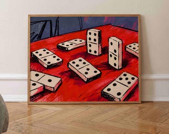 Retro Domino Print Horizontal, Red Table Painting, Vintage Living Room Wall Art