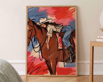 Retro Cowgirl Painting, Rustic Horse Poster, Western Wall Art, Americana Print, Southwestern Cowboy Decor