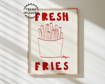Impression de frites encadrée : affiche de frites rétro, art mural de cuisine moderne, cadeau pour gourmets