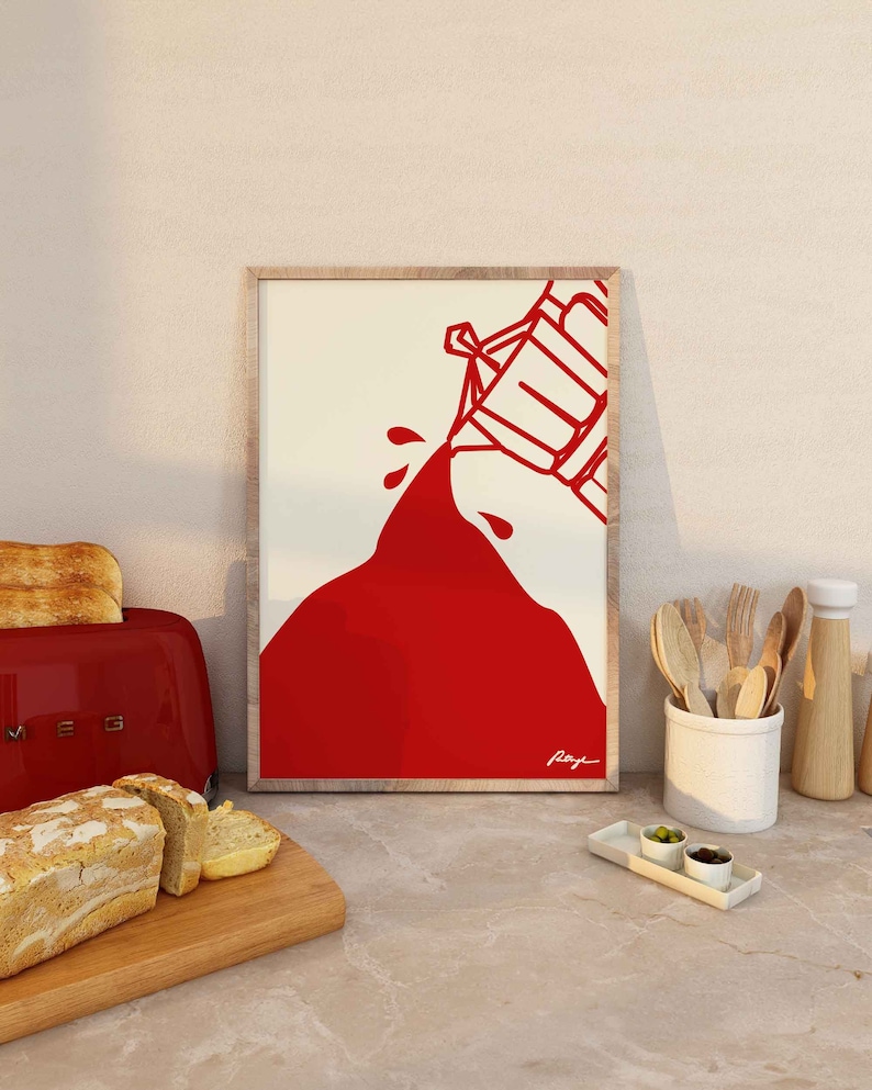 May include: A framed illustration of a red pitcher pouring red liquid onto a white background. The artist's signature is visible in the bottom right corner.