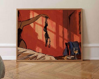 Sensual Print Horizontal, Woman With Bra Painting, Retro Bedroom Wall Art