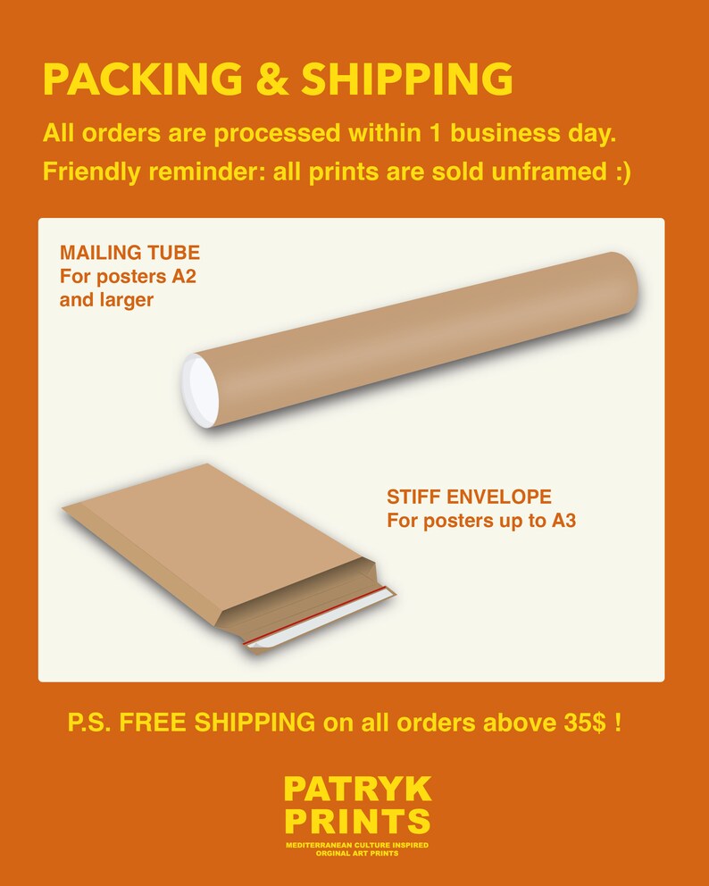 May include: Illustration of two different packaging methods for posters. A brown mailing tube is shown for posters A2 and larger. A brown stiff envelope is shown for posters up to A3. The text "P.S. FREE SHIPPING on all orders above 35$" is shown at the bottom of the image.
