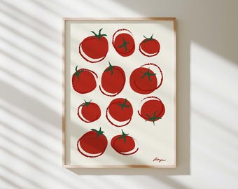 May include: A framed print of a minimalist illustration of red tomatoes with green stems on a cream background. The tomatoes are outlined in a circle.