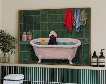 Cat In A Bathtub Painting Horizontal, Quirky Bathroom Decor, Bath Time Print, Shower Poster