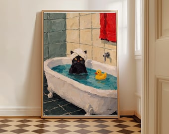 Cat In A Bathtub Wall Art, Bathroom Painting, Silly Bath Time Decor, Toilet Print