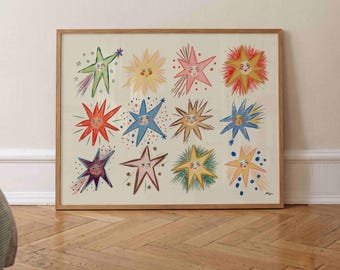 Colourful Stars Poster Horizontal, Celestial Print, Retro Living Room Wall Art