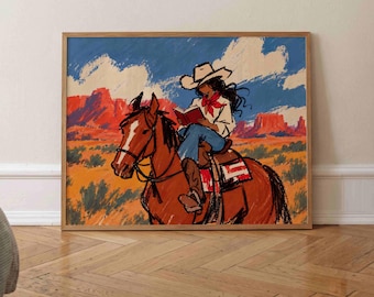 Cowgirl Reading Book Print Horizontal, Rustic Horse Painting, Western Wall Art, Southwestern Americana Decor