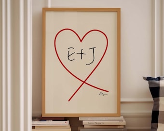 Personalized Couple Print, Custom Initials Poster, Heart Wall Art, Anniversary Gift