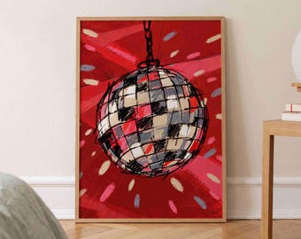 Disco Ball Poster, Red Music Wall Art, Retro Bedroom Print, Dorm Decor
