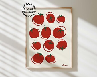 May include: A framed print of a minimalist illustration of red tomatoes with green stems on a cream background. The print is framed in a light wood frame.