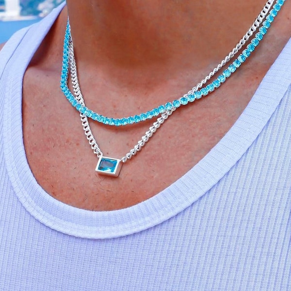 4mm Blue Topaz Tennis Necklace and Curb Link Chain Set