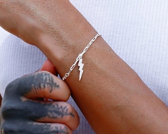 Silver Paperclip Chain Bracelet with Moissanite Lightning Bolt