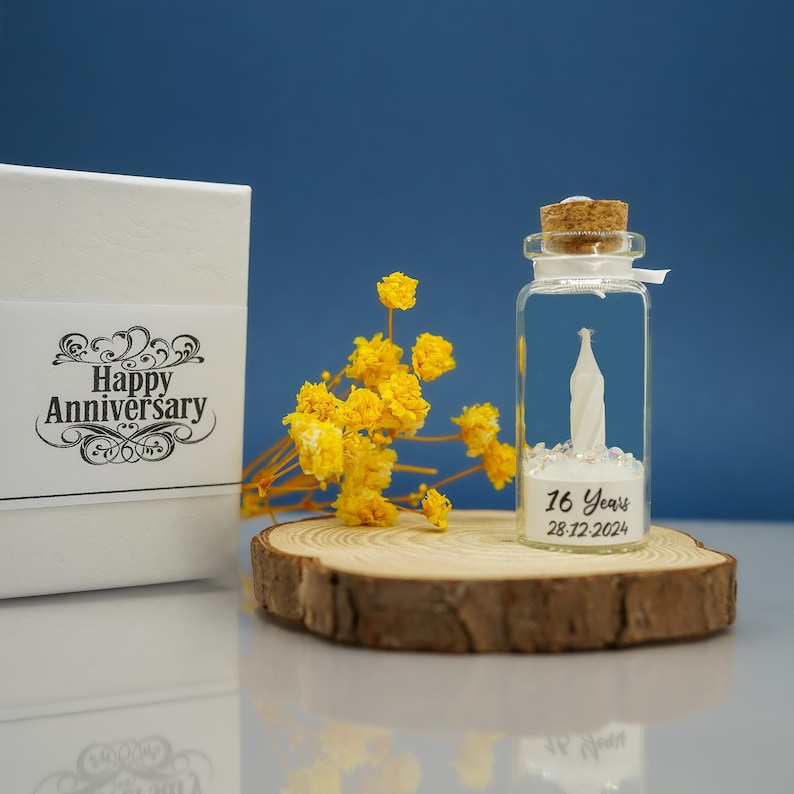 Handmade 16th Anniversary Gift | Wax Wedding Keepsake | Personalised Mini Bottle with Candle