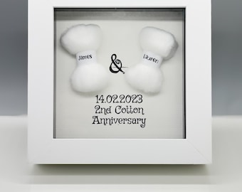 Personalised 2nd Cotton Wedding Anniversary Memento Keepsake Gift – Small Deep Frame with Cotton and anniversary date and names