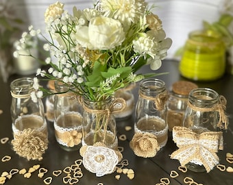 Rustic Vintage Look Wedding Flowers Vases Handmade Hessian Glass Jars Tea Light Candle Holders Rustic Decor barn wedding table centrepieces