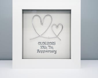 Personalised 10th Tin Wedding Anniversary Gift –  Handmade Aluminium Wire Hearts Frame Husband Wife Couple