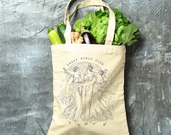 Sassy Girls Club Tote Bag | Feminist Tote Bag | Aesthetic Book Tote | Girl Power Bag | Vintage Art Tote | Cute canvas tote bag
