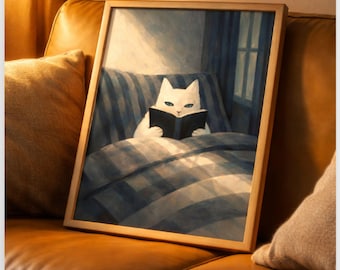 Printable Reading Cat Poster, Cat Wall Art, Book Lover Gift, Cozy Bedroom Decor, Cat Reading Book Print, Library Wall Art, Cat Lover Poster