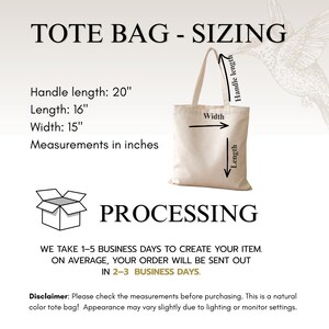 May include: A natural color tote bag with dimensions and processing information. The handle is 20 inches long, the bag is 16 inches long, and 15 inches wide. The text reads "TOTE BAG - SIZING" and "PROCESSING".