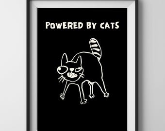 Powered by Cats Poster, Funny Cat Wall Art, Cute Cat Print, Cat Lover Gift, Minimalist Cat Illustration, Modern Pet Art, Cat Mom Decor