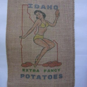 May include: A burlap potato sack featuring a vintage pin-up illustration. The design includes a woman in a yellow bikini, the outline of Idaho, and the words "IDAHO" and "EXTRA FANCY POTATOES".