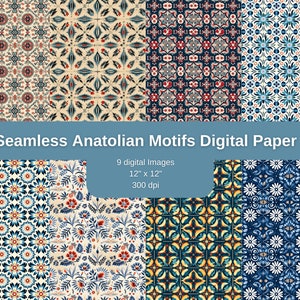 Może przedstawiać: Dziewięć wzorów papieru cyfrowego z bezszwowymi wzorami inspirowanymi motywami anatolijskimi. Wzory są w odcieniach niebieskiego, czerwonego, żółtego i białego i zawierają geometryczne kształty i wzory kwiatowe. Każdy wzór ma 30,48 cm na 30,48 cm i 300 dpi.