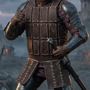 May include: A warrior wearing a dark metal helmet with chainmail, a brown leather brigandine chest piece with metal plates, and matching leather tassets. The armor includes metal shoulder pauldrons, arm guards, and leg greaves over a dark tunic.