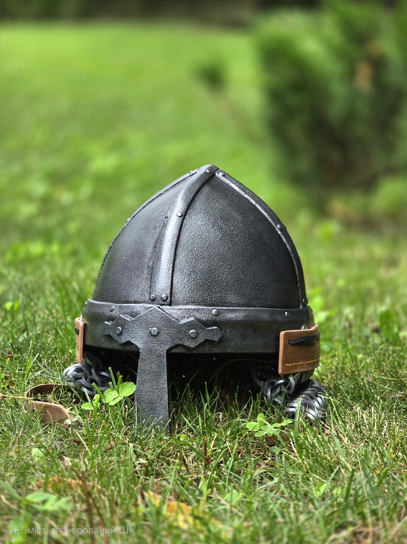 May include: A black medieval helmet with a rounded top, riveted construction, and a decorative brow plate. The helmet features a brown leather strap and chainmail around the neck. It is set against a backdrop of green grass.