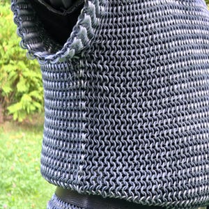 May include: Close-up of a chainmail shirt, a type of armor made of interlocking metal rings. The shirt is silver and gray, with a black leather belt. The background is blurred green foliage.