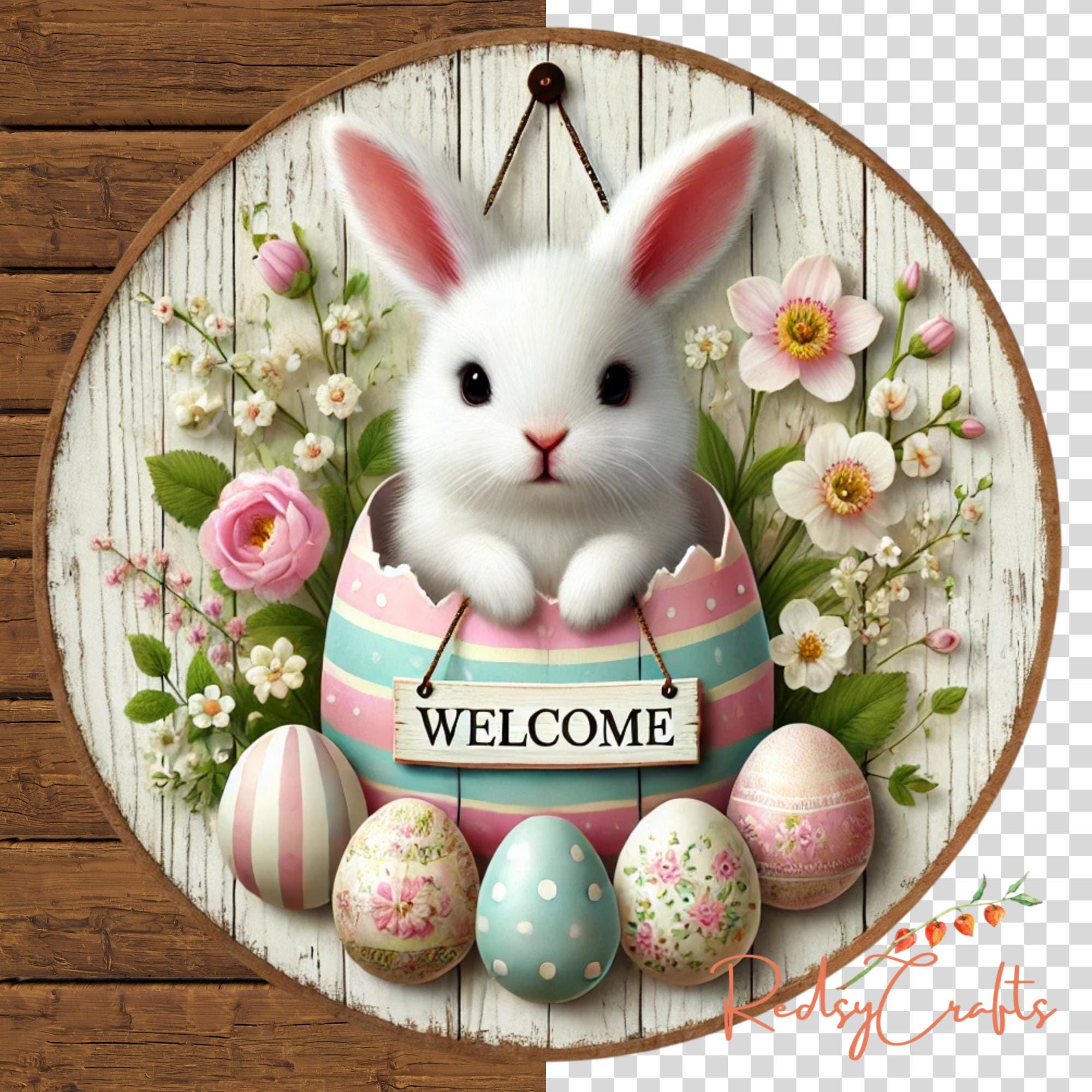 Easter Rabbit Round Welcome Easter Bunny Round Door Sign PNG, Pastel Floral Eggs, Farmhouse ...