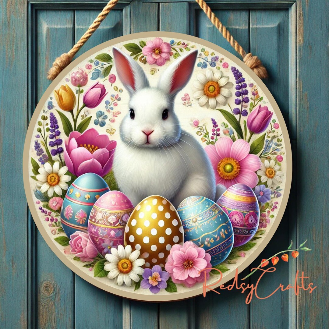 Easter Rabbit Round Happy Easter Bunny Round Door Sign PNG, Spring Floral Eggs, Instant ...