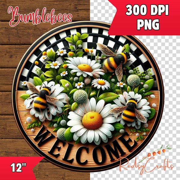 Wreath Signs, Welcome Bumblebees and daisies Spring Sign, Front door decor spring, digital wreath sign, wreath sign PNG, Instant download