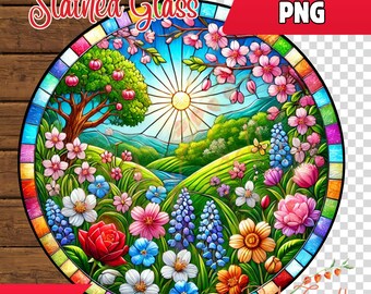 Spring Floral Stained Glass Digital Art - Round Sunlit Garden Window - Instant Download