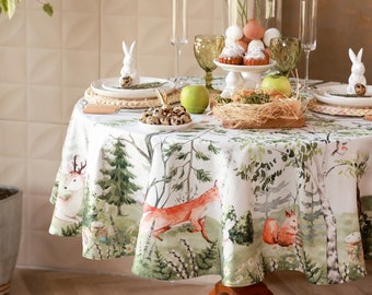 Fox tablecloth rectangle, round. Holiday tablecloth cottagecore. Cloth napkins set 4, 8, 12. Oilcloth is forest core decor.