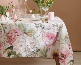 Floral tablecloth rectangle, Hydrangea Holiday table cloth for tea party decor. Provence tablecloth .Spring woman gift.