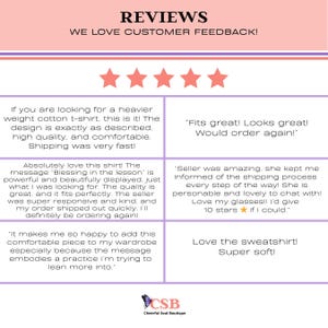 Puede incluir: Un gr&aacute;fico de rese&ntilde;as de clientes con encabezado color melocot&oacute;n que dice REVIEWS WE LOVE CUSTOMER FEEDBACK, cinco estrellas coral y seis cuadros de texto con comentarios positivos sobre camisetas, sudaderas y gafas. Logo de mariposa y CSB abajo.