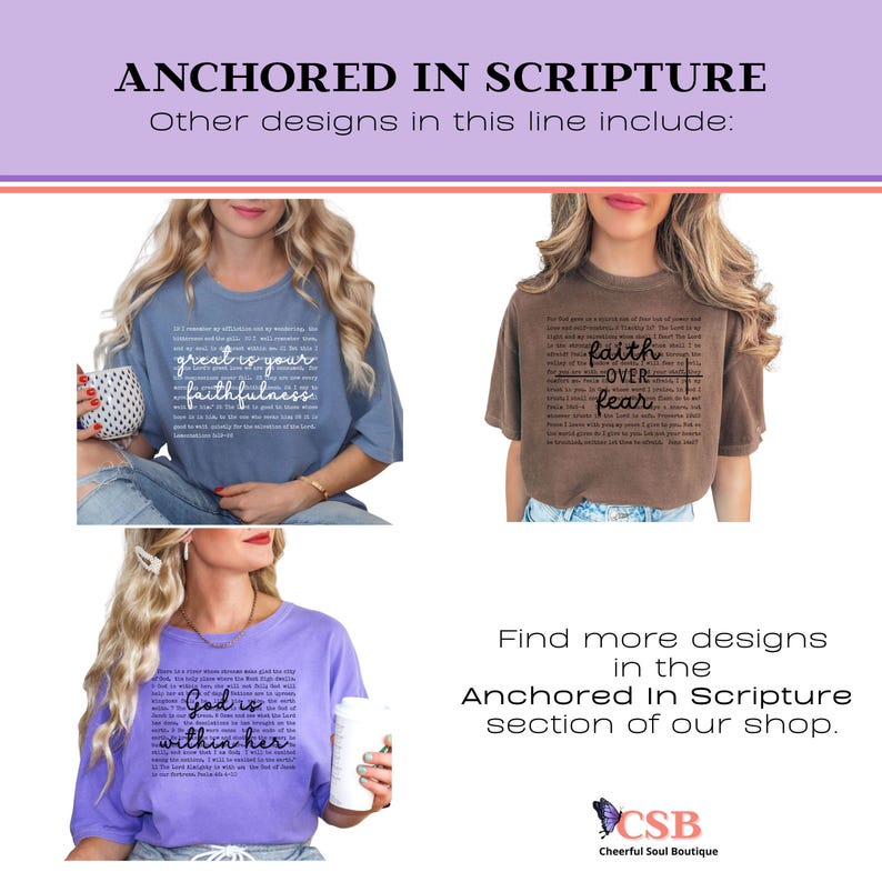 Puede incluir: Tres camisetas de manga corta en azul, marr&oacute;n y morado, cada una con texto b&iacute;blico impreso. La camiseta azul muestra "great is your faithfulness", la marr&oacute;n "faith over fear" y la morada "God is within her".