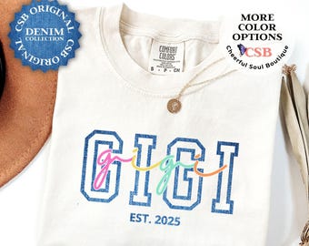 Custom Gigi Comfort Colors Shirt: Denim Rainbow Grandma Tee