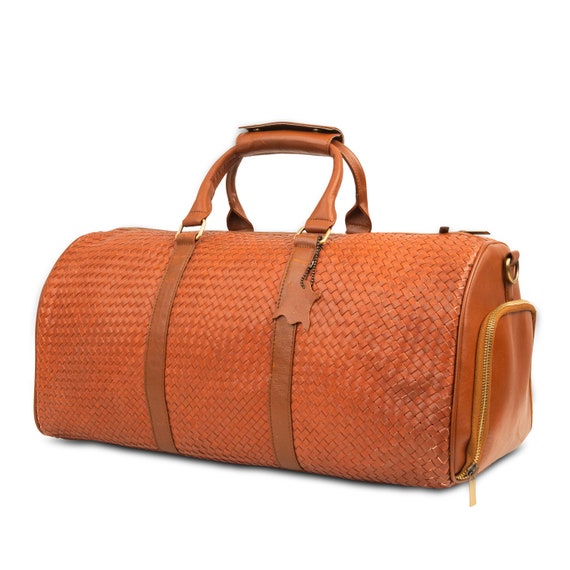 Handcrafted Leather Duffel Bag, Luxe Travel Essential, Personalized Weekender with Woven Detailing, Duffle Bag - Perfect Gift for Travelers