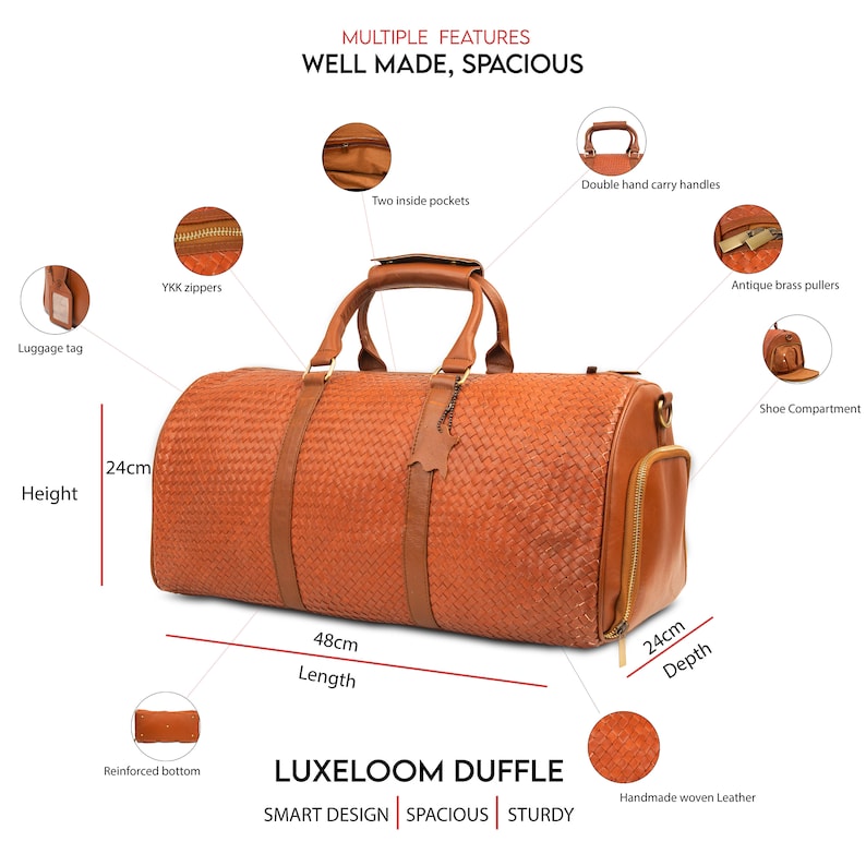 May include: A brown leather duffel bag with a woven pattern. The bag has a top handle, a shoulder strap, and a zippered pocket on the side. It measures 48 cm in length, 24 cm in height, and 24 cm in depth. The bag features YKK zippers, antique brass pullers, and a reinforced bottom. It also has a shoe compartment and two inside pockets.