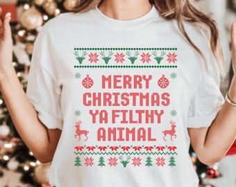 Joyeux Noël avec chemise animal sale, pull de Noël moche, chemise de Noël drôle, cadeaux de Noël, col rond de Noël, pull d'hiver