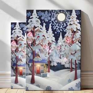 Christmas Forest Folk Art Matte Poster, Winter Painting Art Print, Christmas Winter Wall Art, Holiday Decor, Xmas Gift, Christmas Decor