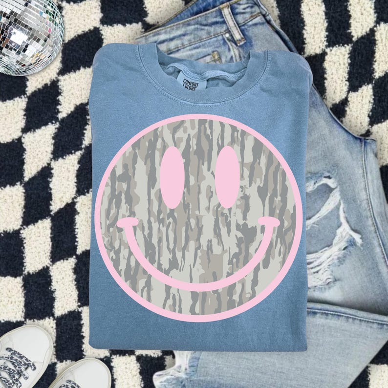 Camo Smiley Face Comfort Colors Shirt, Pink Smiley Tee, Southern Graphic Tee, DTG Printed Shirt, Trendy Country Tee image 4