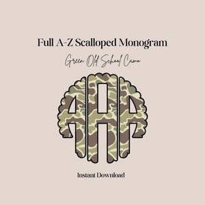 Green Old School Camo Scalloped Monogram / Monogram PNG / Monogram SVG / Sublimation Design / Heat Press Designs / Monogram Clipart