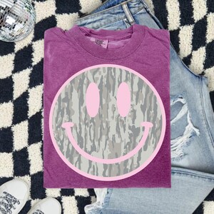 Camo Smiley Face Comfort Colors Shirt, Pink Smiley Tee, Southern Graphic Tee, DTG Printed Shirt, Trendy Country Tee image 3