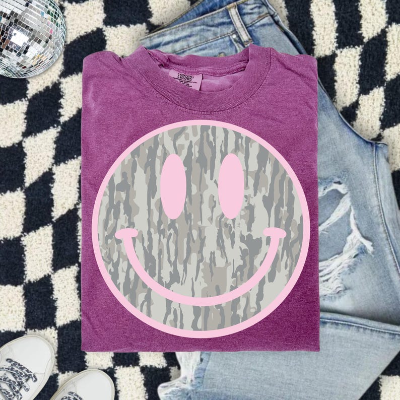 Camo Smiley Face Comfort Colors Shirt, Pink Smiley Tee, Southern Graphic Tee, DTG Printed Shirt, Trendy Country Tee image 3
